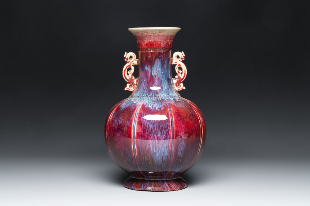 A Chinese flamb&eacute;-glazed vase with 'chilong' handles, 19th C.