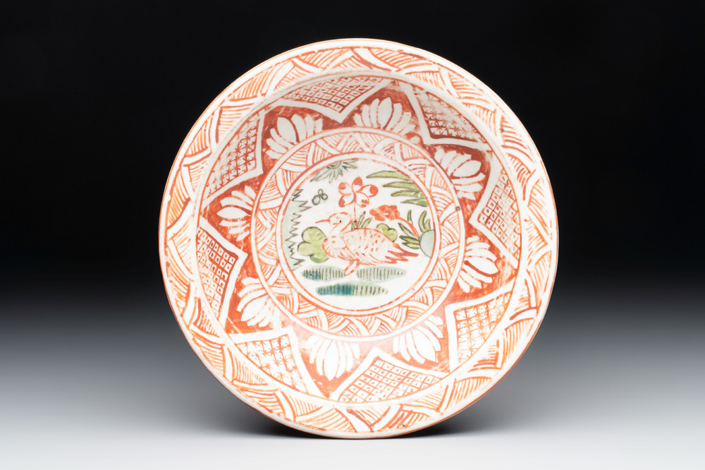 A Chinese Swatow wucai 'klapmuts' bowl with a duck, Ming
