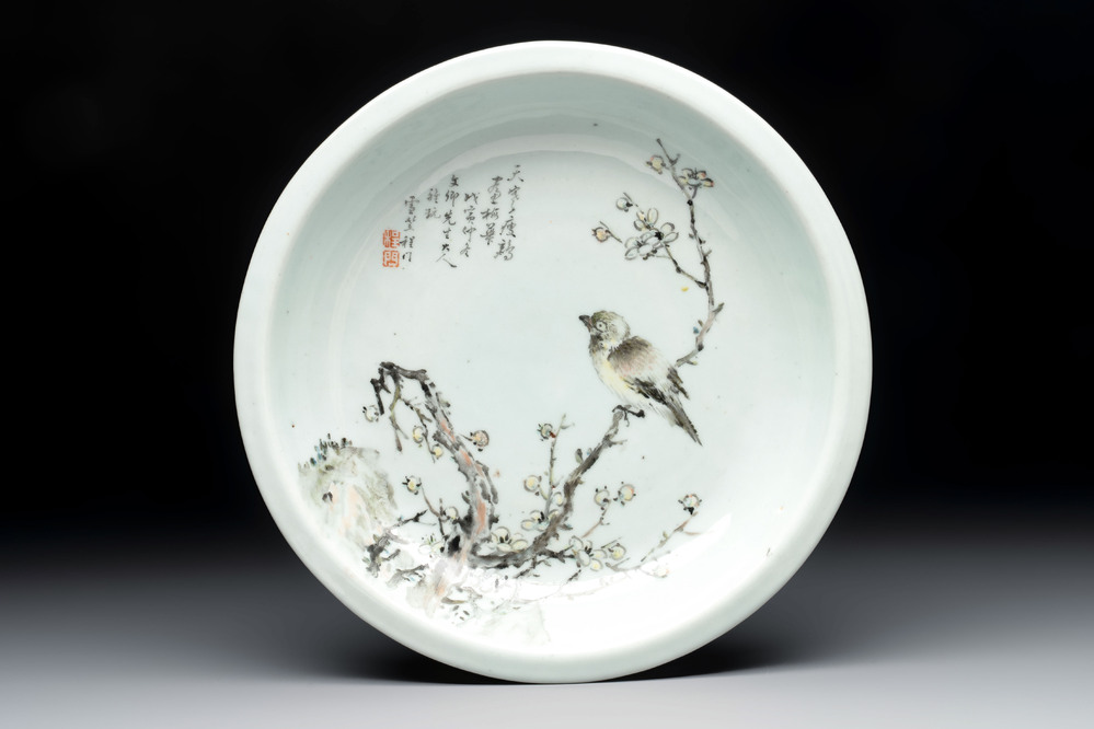 A Chinese qianjiang cai dish with a bird on a branch, signed Cheng Men 程門, dated 1878