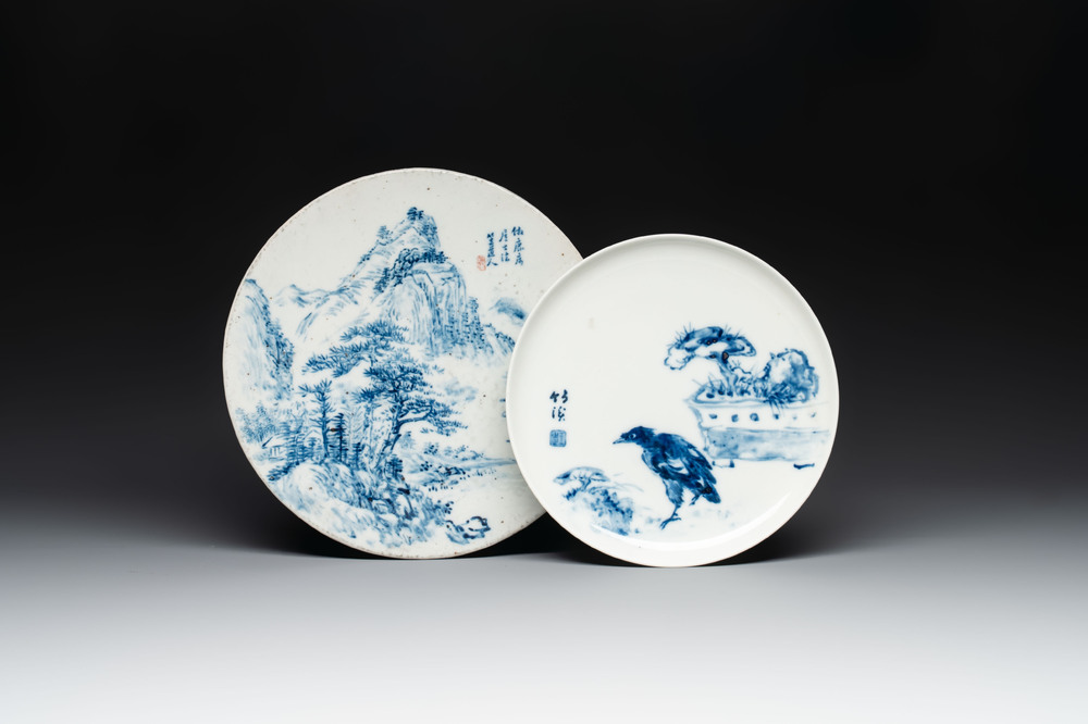 A Chinese blue and white Wang Bu-style plate and a Cheng Men-style plaque, 20th C.