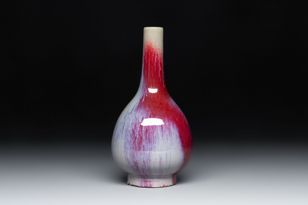 A Chinese flamb&eacute;-glazed bottle vase, Qianlong mark, 19/20th C.