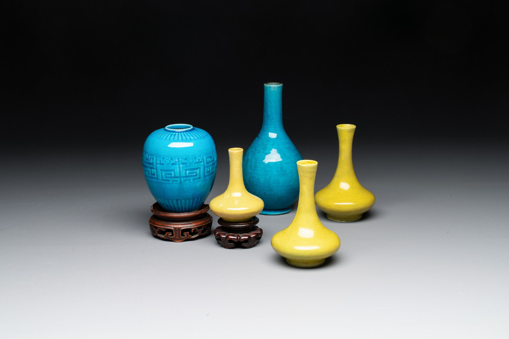 Three Chinese yellow-glazed vases and two turquoise-glazed vases, 19th C.
