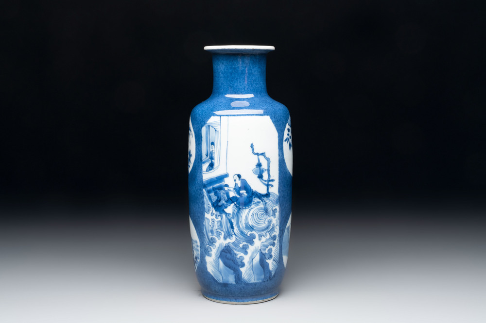 A Chinese blue and white powder-blue-ground 'Zhang Qian Cheng Cha 張騫乘槎' rouleau vase, Kangxi