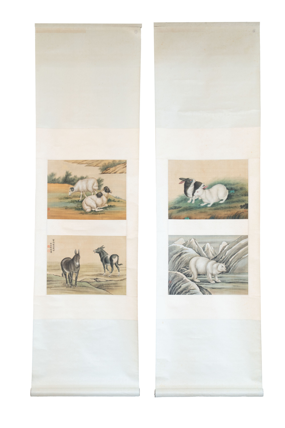Ma Jin 馬晉 (1900-1970): 'Sheep, Donkeys, Rabbits and a Polar bear', ink and colour on silk