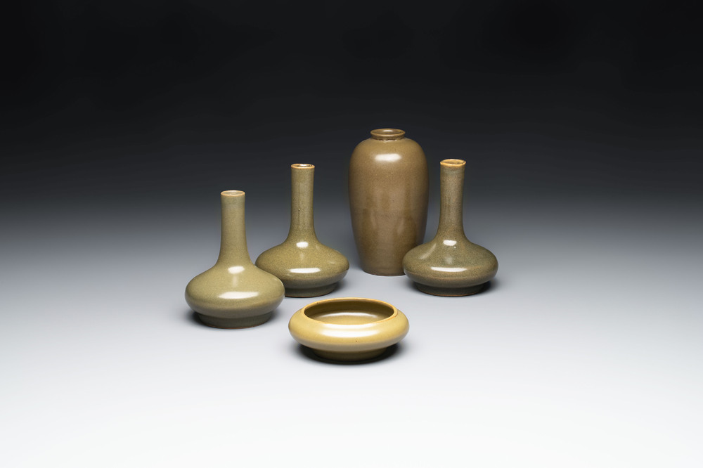 Four Chinese teadust-glazed vases and a brush washer, 19th C.