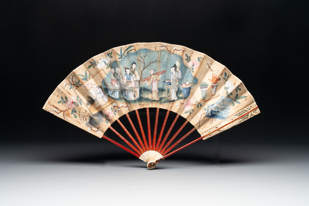 A chinoiserie folding fan, watercolour on paper and bone, France, early 19th C.