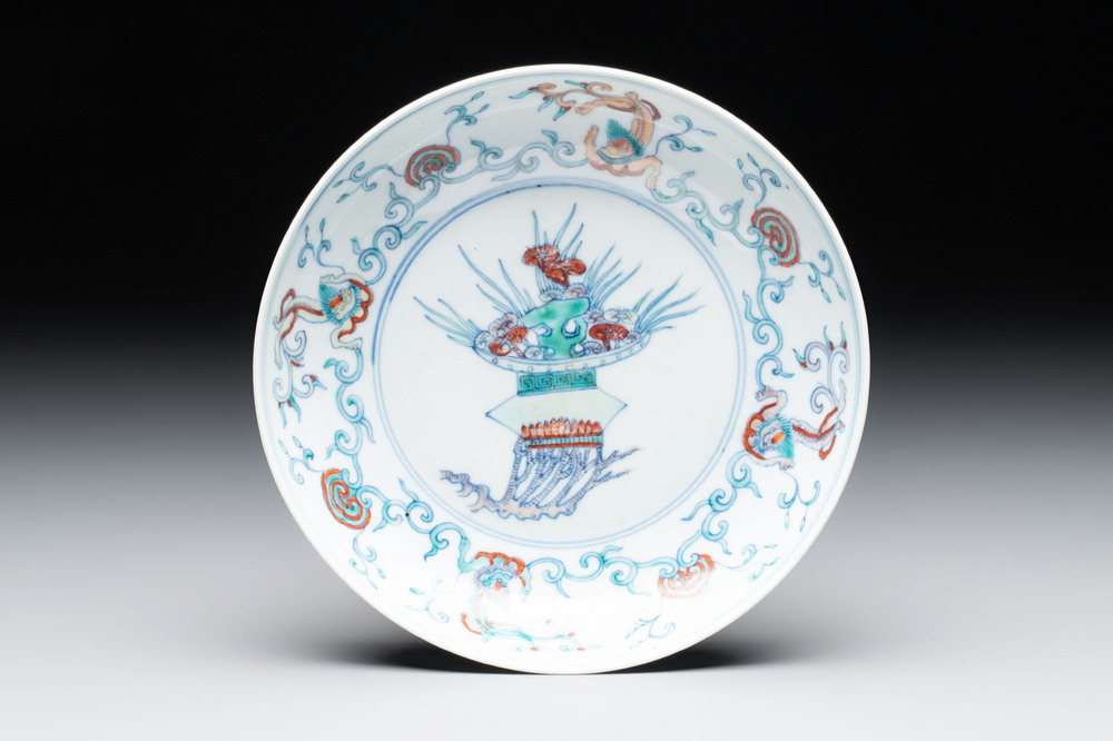 A Chinese doucai 'flower basket' plate, Chenghua mark, 18/19th C.
