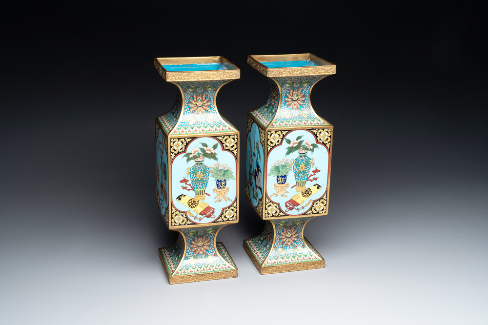 A pair of fine Chinese cloisonn&eacute; square 'gu' vases with antiquities, 19/20th C.