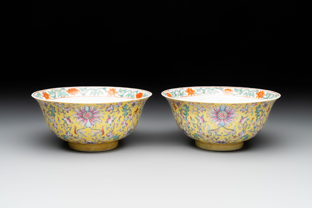 A pair of Chinese famille rose 'flower scroll' bowls, Jiaqing mark and of the period