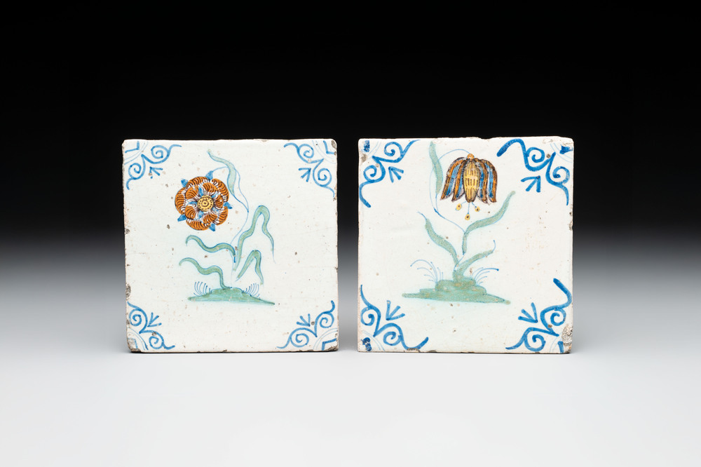 Two polychrome Dutch Delft 'flower' tiles, 17th C.