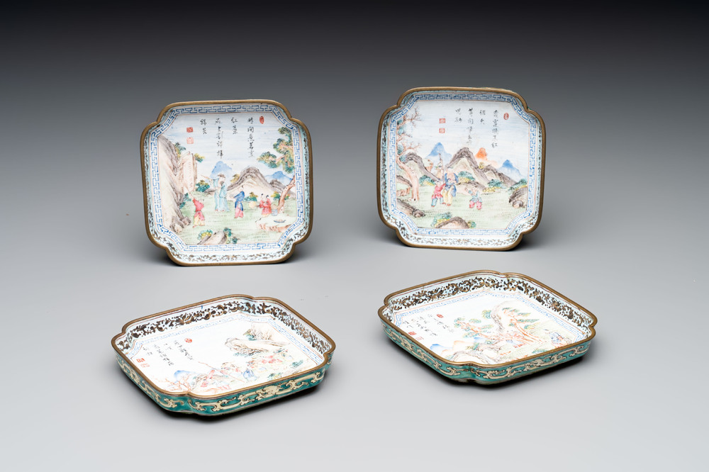 A set of four Chinese Canton enamel square saucers with figural design, Shang Xin 賞心 mark, Yongzheng/Qianlong