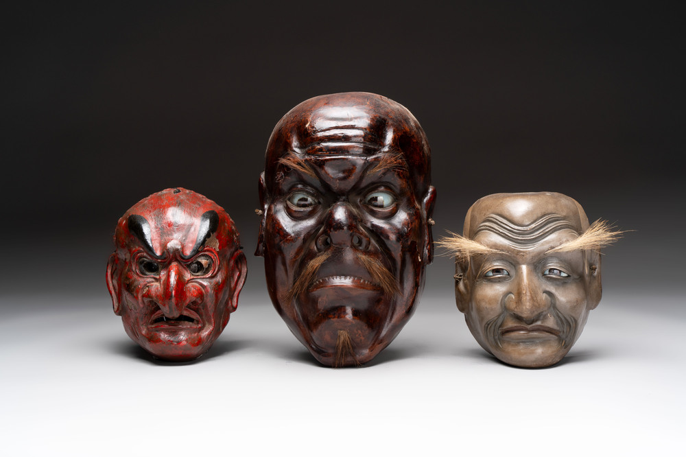 Three Japanese lacquered wooden Kyogen masks, Edo, 18/19th C.