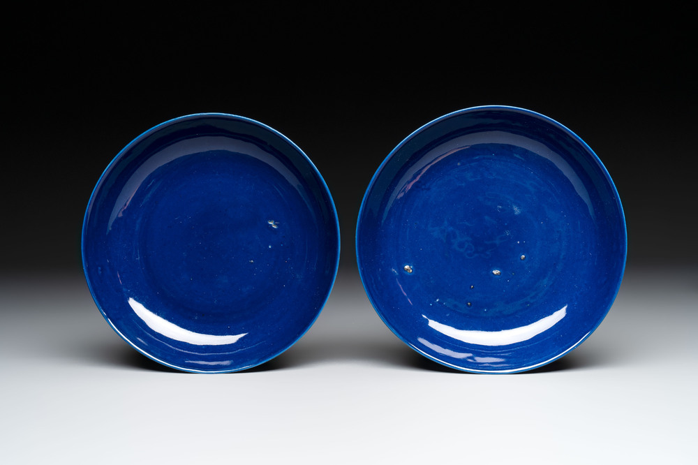 A pair of Chinese sacrificial blue-glazed plates, Guangxu mark and of the period