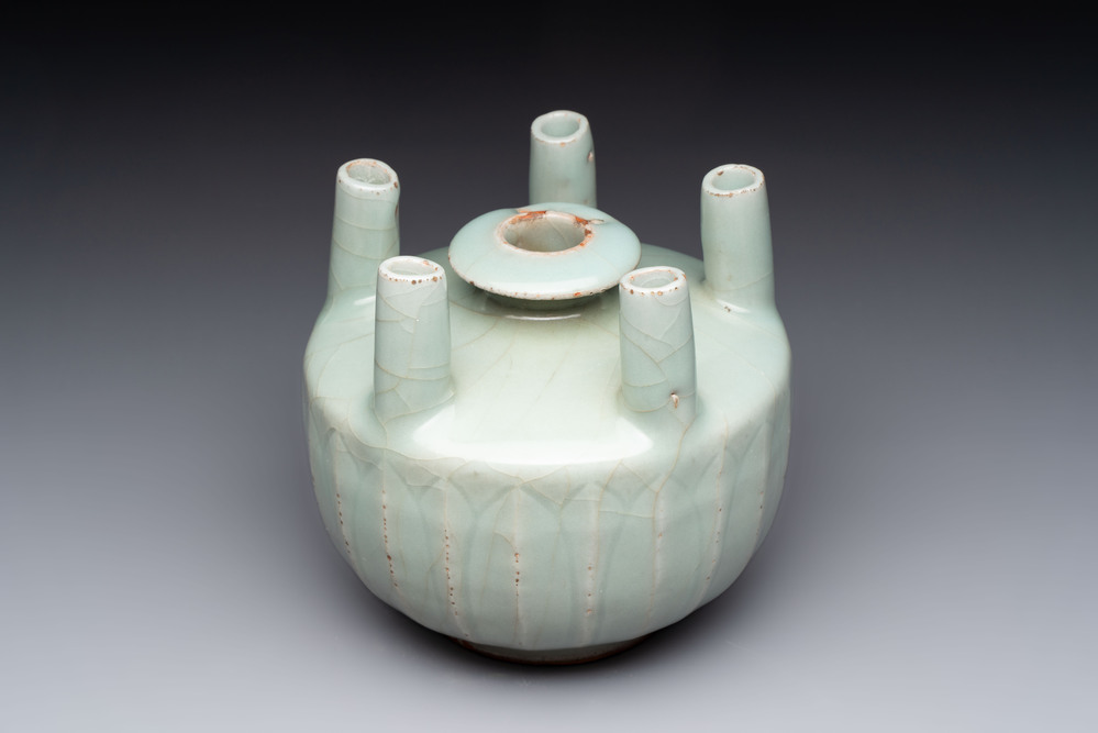 A Chinese Longquan celadon quintuple-tube vase, Yuan