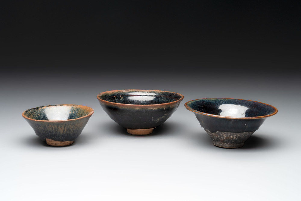 Three Chinese Jian 'hare fur' tea bowls, Song/Yuan