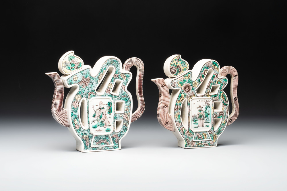 Two Chinese verte biscuit 'fu 福' wine ewers and covers, 19th C.
