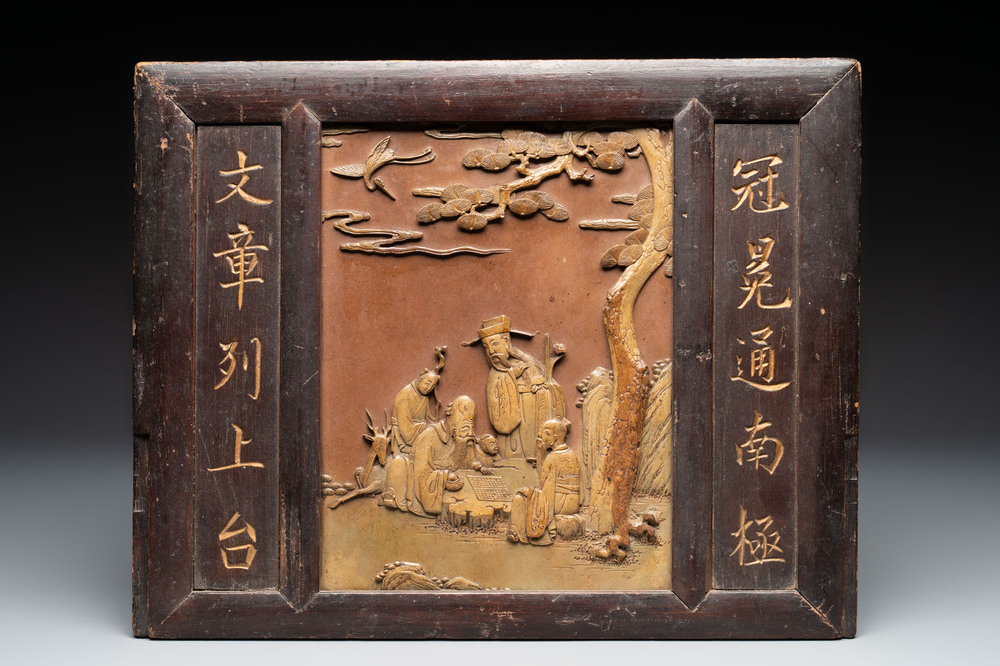 A Chinese carved stone 'Sanxing' plaque mounted in a wooden frame, 19th C.