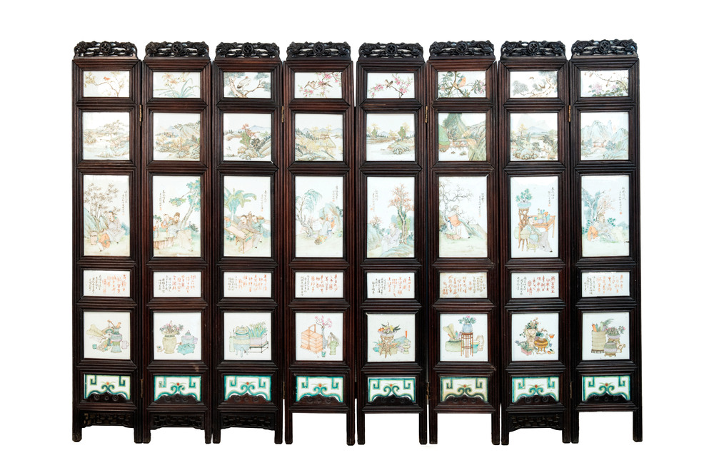 A rare Chinese eight-panel hongmu room divider with 48 qianjiang cai plaques, signed Jia Xingqing 贾醒卿, dated 1902