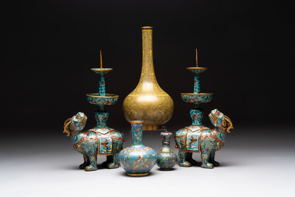 A pair of Chinese cloisonn&eacute; candlesticks and three vases, 19/20th C.