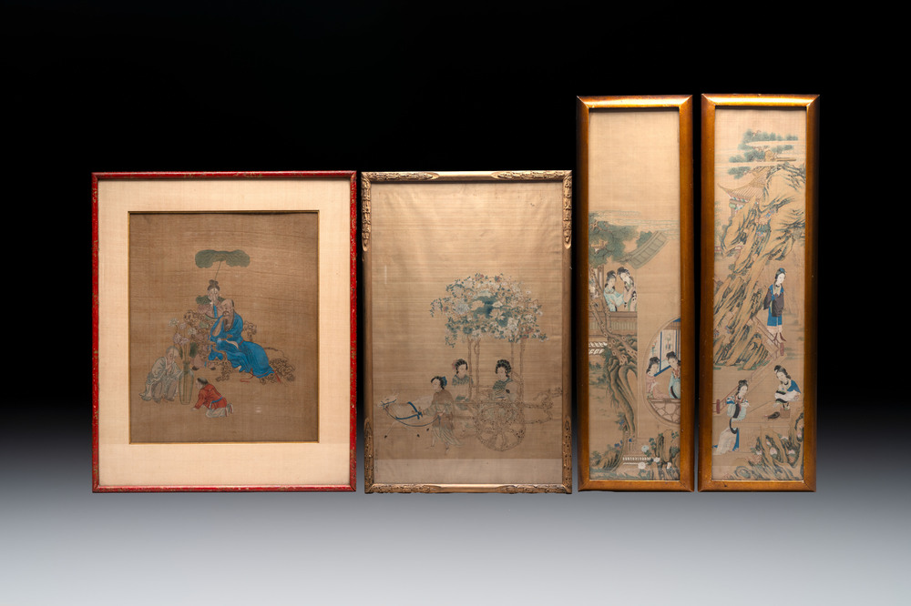 Four Chinese school paintings: &lsquo;Zhou Dunyi 周敦頤&rsquo;, &lsquo;Magu&rsquo;, and &lsquo;Ladies in a Garden&rsquo;, ink and colour on silk, 19/20th C.