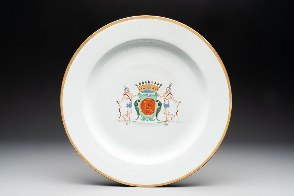 A massive and rare Chinese armorial dish with the arms of Sioc'han de Kersabiec, Kangxi, ca. 1715