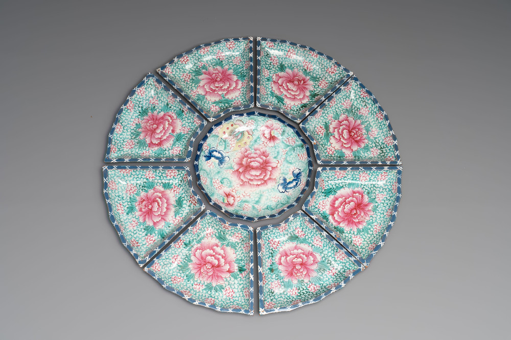 A rare Chinese enamelled Yixing stoneware nine-piece 'peonies' sweetmeat set, 19th C.