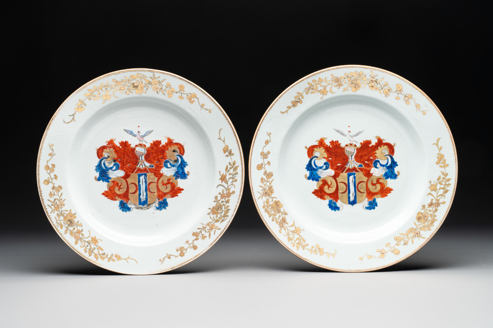 A pair of Chinese armorial dishes with the arms of Valckenier of Amsterdam for the Dutch market, Yongzheng