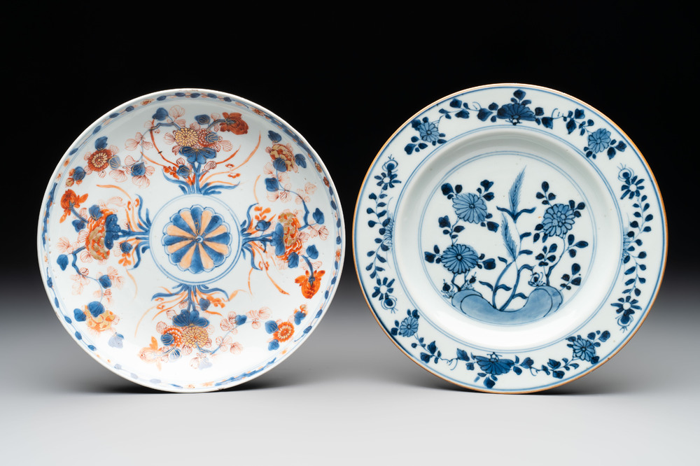 A Chinese Imari-style plate and a blue and white plate with floral design, Johanneum marks, ex-collection of August the Strong, Kangxi/Yongzheng
