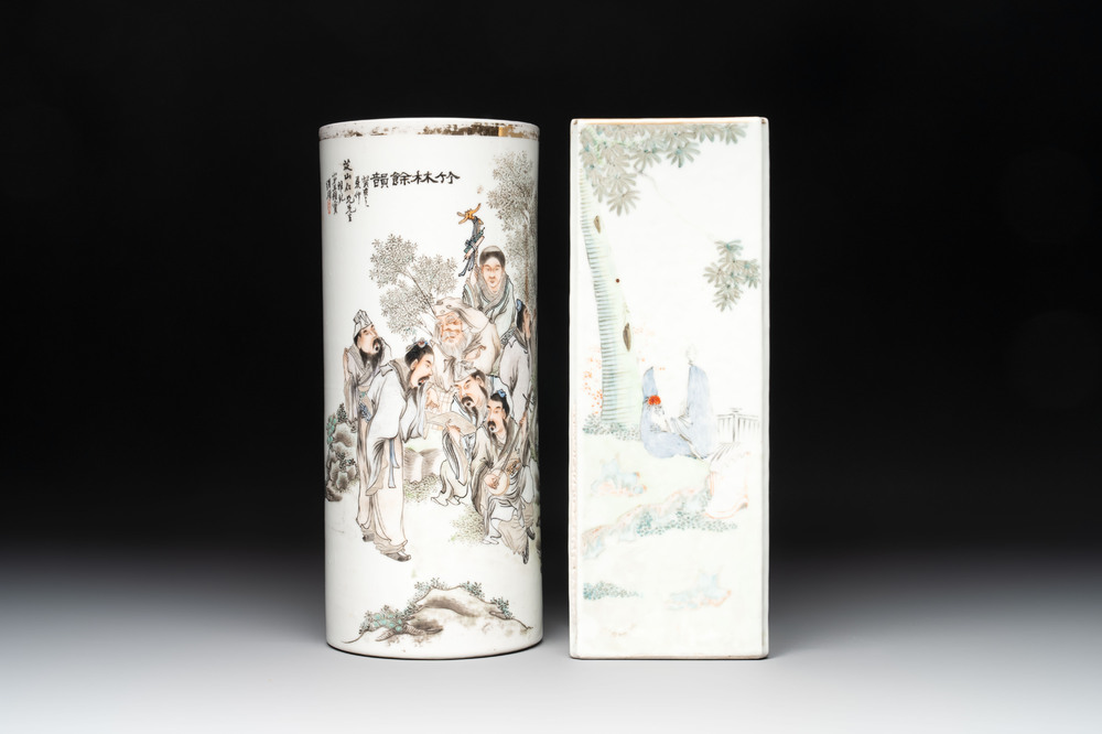 Two Chinese qianjiang cai hat stands, Xin Yuan Xuan Zao 鑫源軒造 mark, dated 1923 and Tongzhi mark, dated 1888