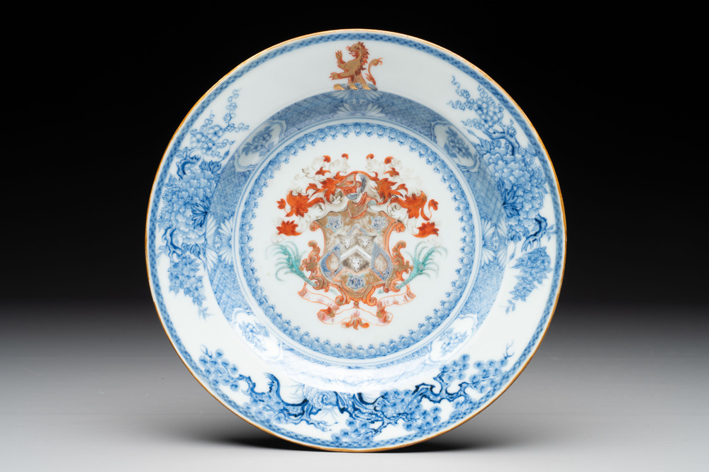 A Chinese armorial soup plate with the arms of Gold with Bulkely in pretence for the English market, Yongzheng, ca. 1724