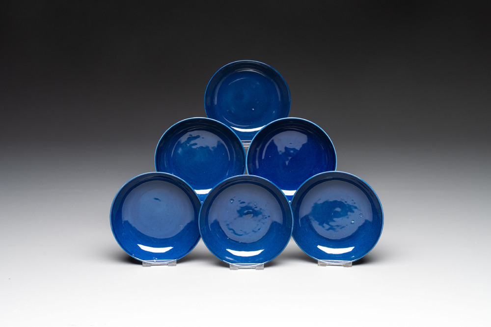 A set of six Chinese sacrificial blue-glazed saucers, Guangxu mark and of the period