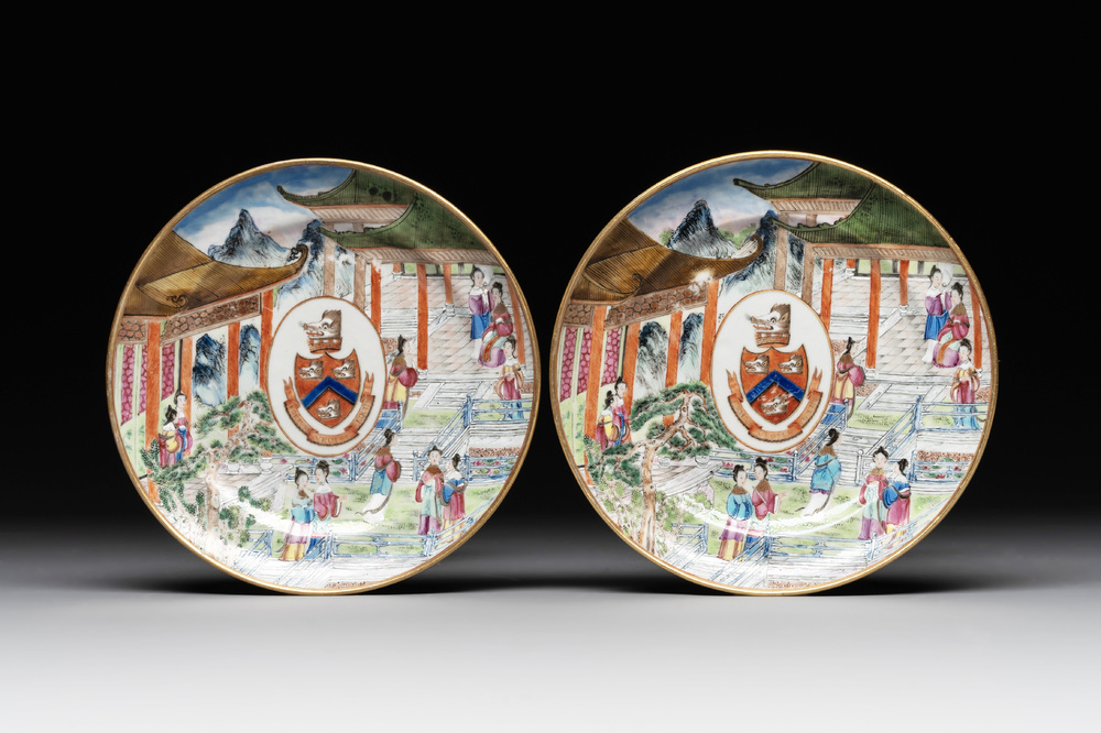 A pair of rare Chinese Canton famille rose armorial plates with the arms of Wight, ca. 1810