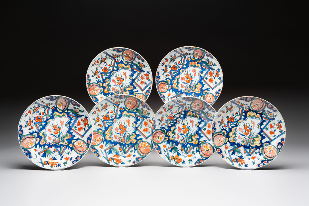 Six polychrome Dutch Delft 'lightning' plates, 18th C.