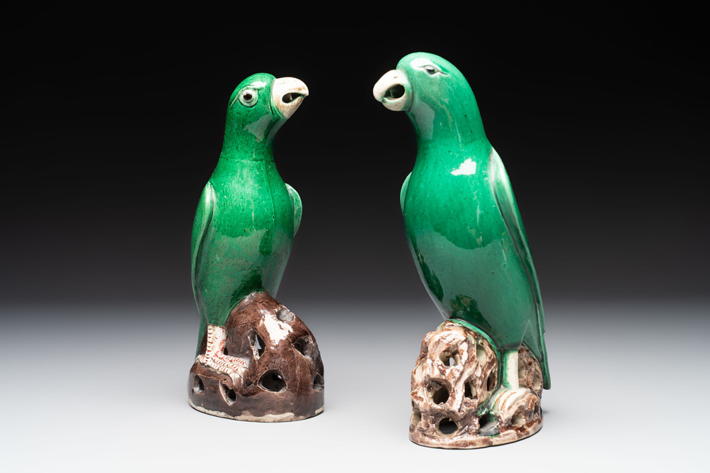 A pair of Chinese verte biscuit models of parrots, Kangxi