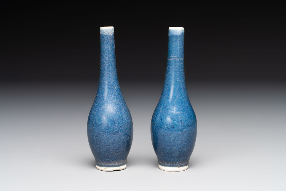 A pair of Chinese blue-glazed 'Hatcher Cargo' bottle vases with incised dragons, Transitional period
