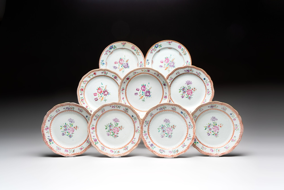 A set of nine Chinese famille rose Lowestoft-style plates, Qianlong