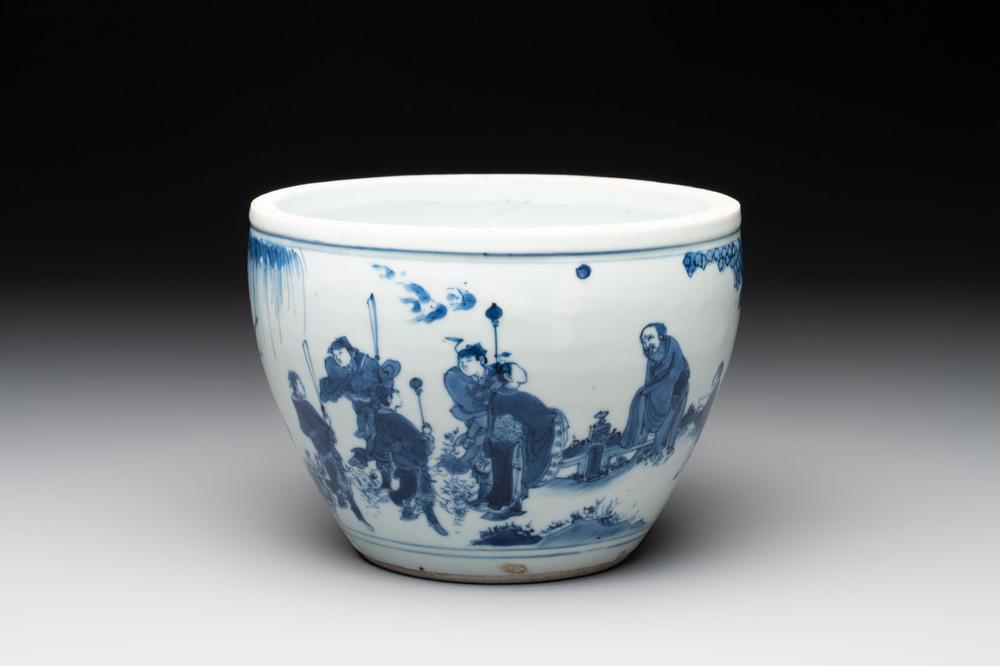 A Chinese blue and white 'Wen Wang Fang Xian 文王訪賢' scroll pot, Transitional period
