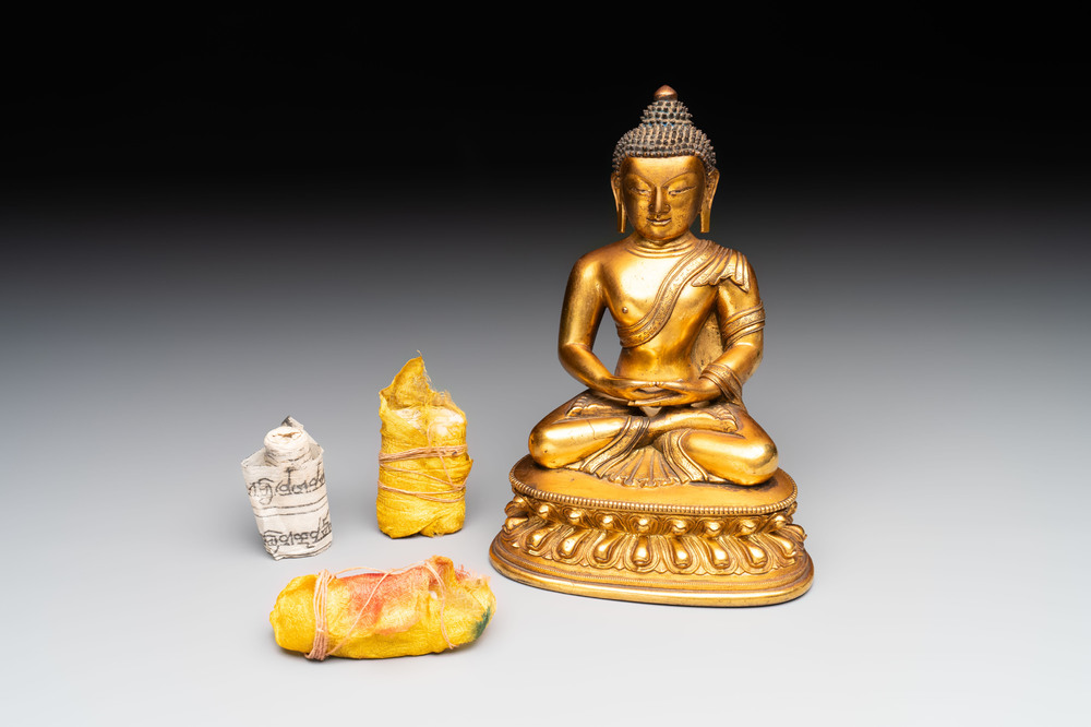 A fine Sino-Tibetan gilt-bronze figure of Buddha Shakyamuni, 17th C.