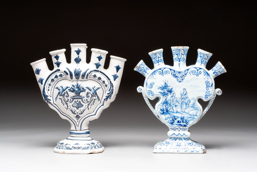 Two blue and white Delftware tulip vases, The Netherlands and France, 18/19th C.