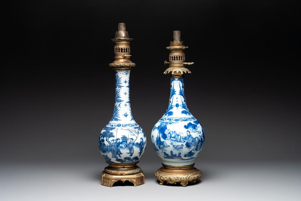 Two Chinese blue and white 'Wen Wang Fang Xian 文王訪賢' and 'Zhu Lin Qi Xian 竹林七賢' vases mounted as lamps, Transitional period