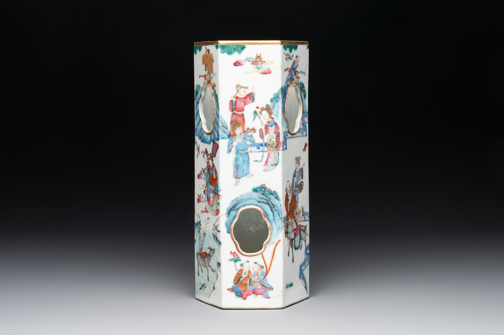 A Chinese famille rose hexagonal hat stand with narrative design, Tongzhi mark and of the period