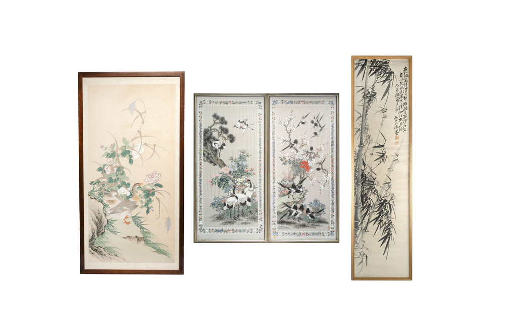 Four Chinese school paintings: 'Magpie', 'Cranes' and 'Bamboo', ink and colour on paper, signed Yutianshi 雨田氏, dated 1919