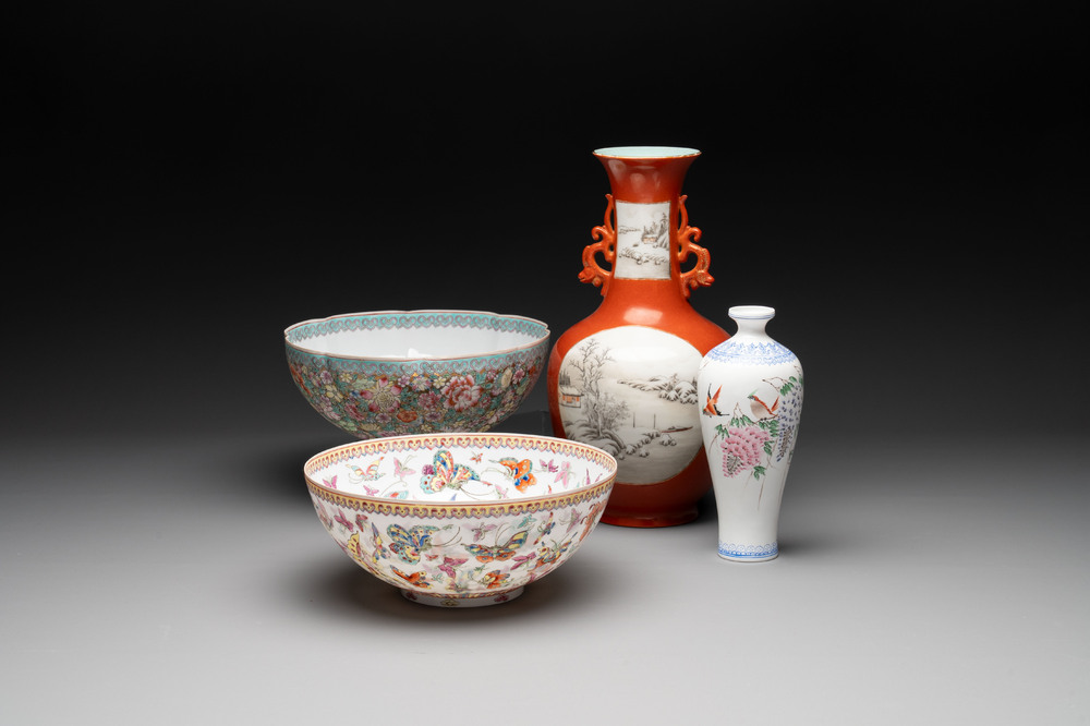 A Chinese coral red-ground vase, a famille rose eggshell vase and two bowls, Qianlong mark, 20th C.