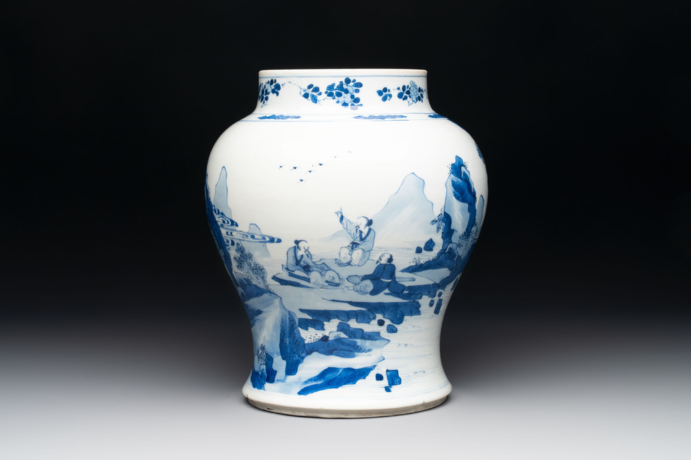 A Chinese blue and white vase with four sages in a mountainous landscape, Kangxi