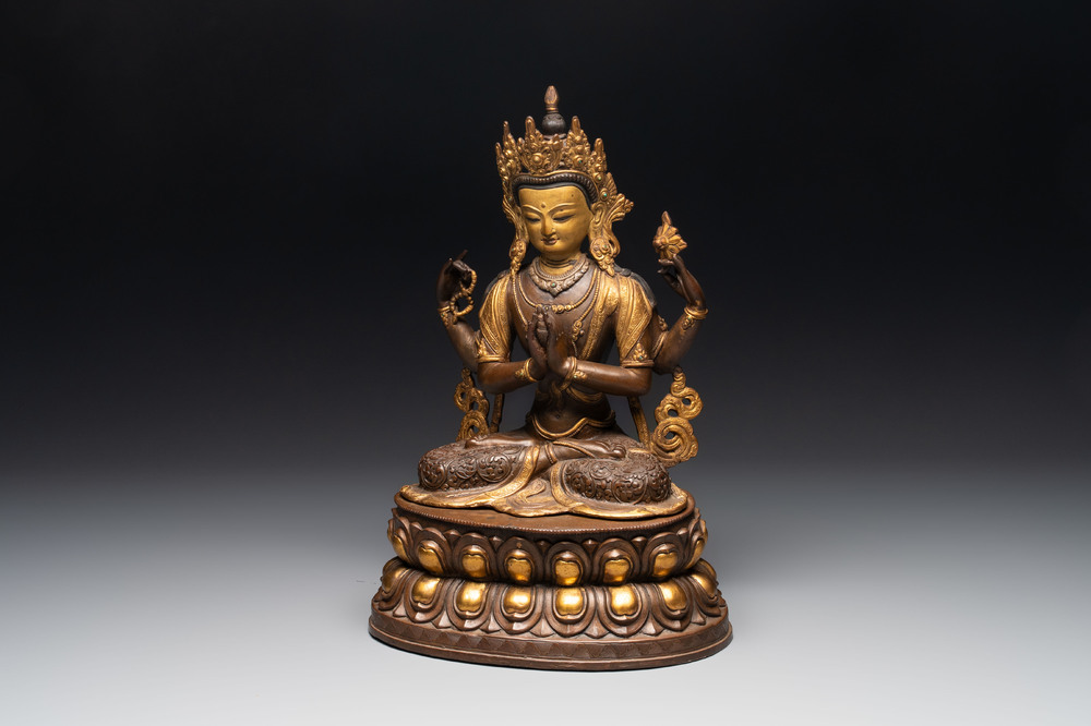 A Tibetan or Nepalese turquoise-inlaid partly-gilt bronze figure of White Tara, 20th C.