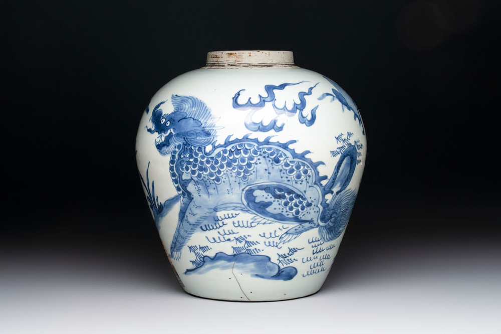 A Chinese blue and white 'qilin' jar, Transitional period