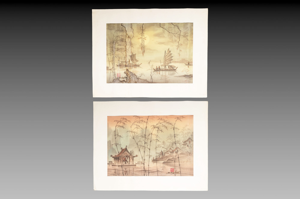 Bui Huy Hieu (1937-2006): 'Chua Thay' and 'Qua Rung Phong Lan', ink and colour on silk, 20th C.