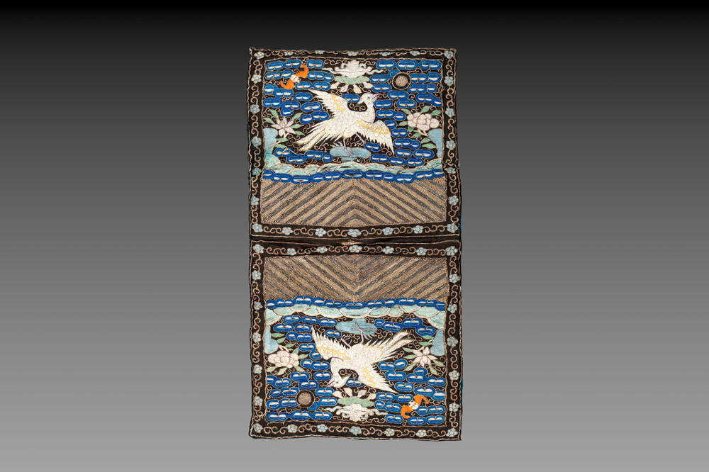 A pair of Chinese gold-thread-embroidered silk 'rank badges' with pheasants, 19th C.