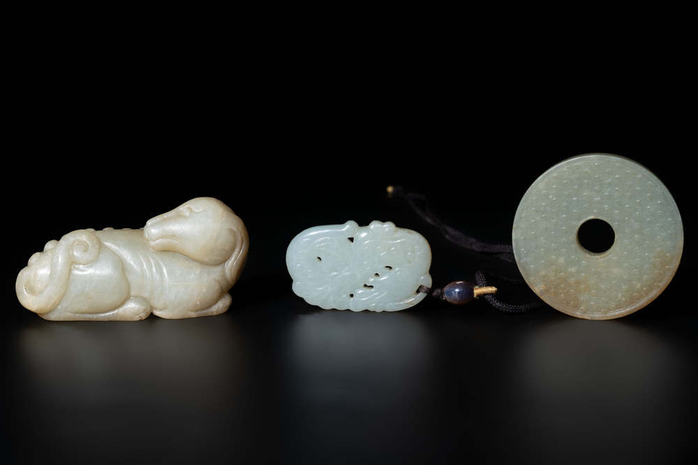 Three Chinese celadon jade carvings, 19/20th C.