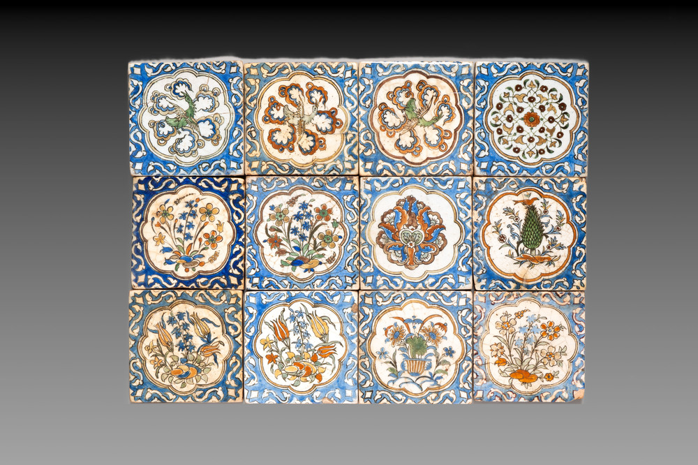 12 polychrome Kubachi pottery tiles with floral design, Dagestan, 19th C.